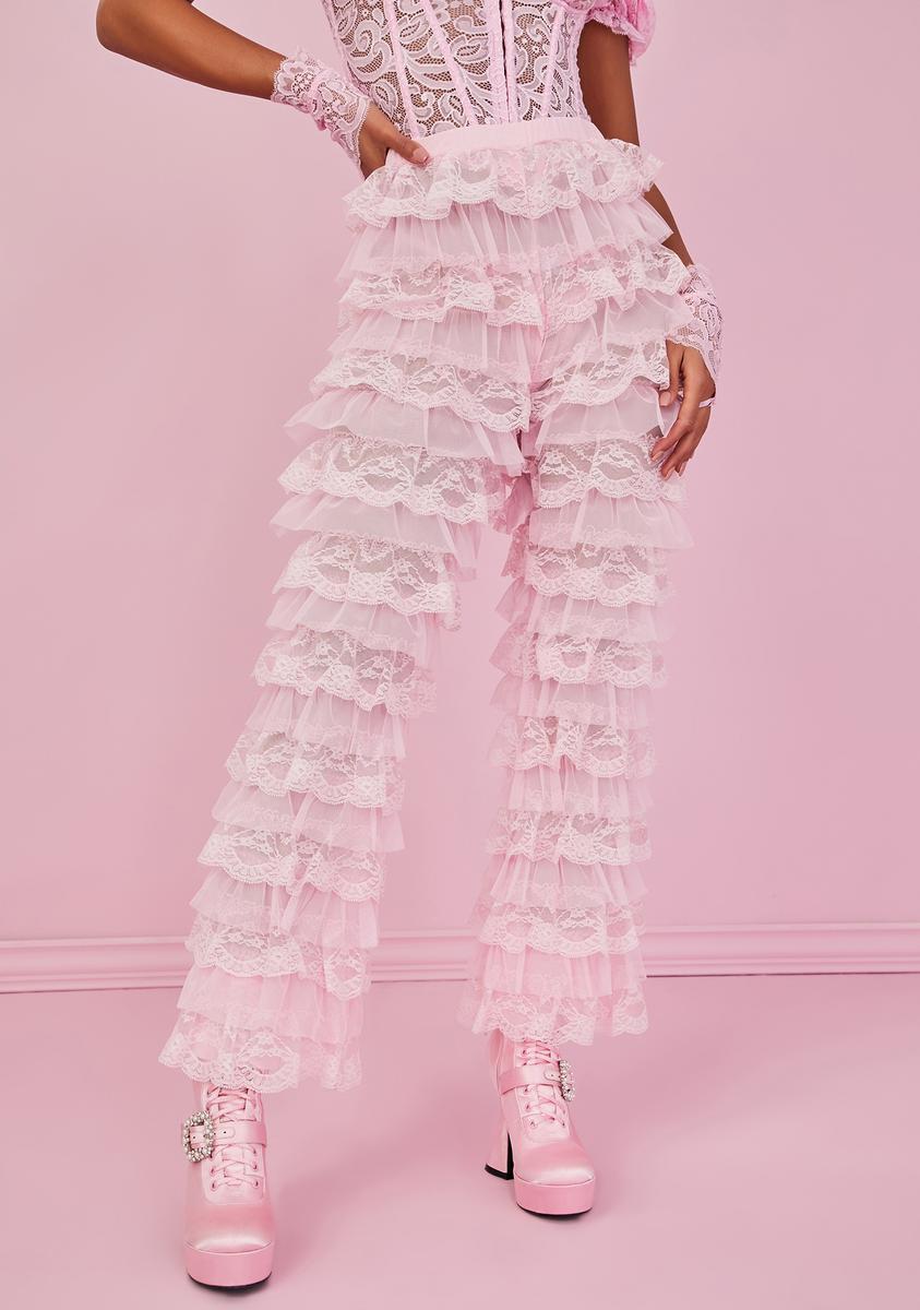 Sugar Thrillz Scalloped Lace Mesh Ruffle Pants - Pink