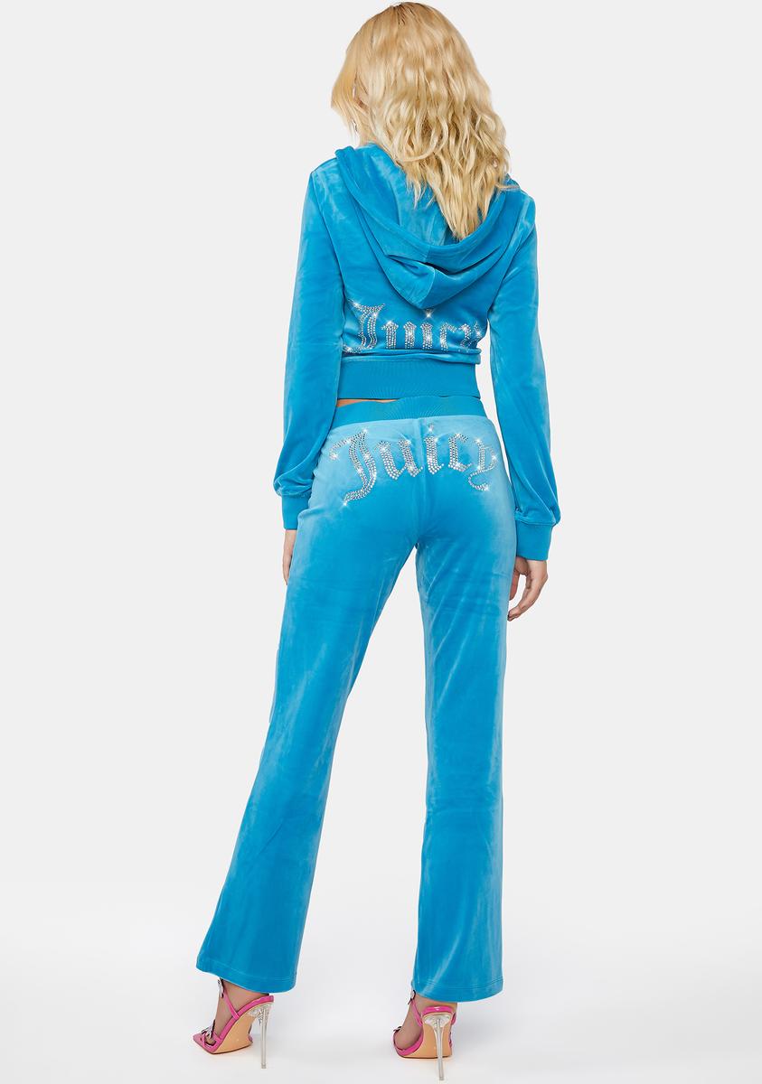 JUICY COUTURE Velour Low-Rise Rhinestone Pants Turquoise – Dolls