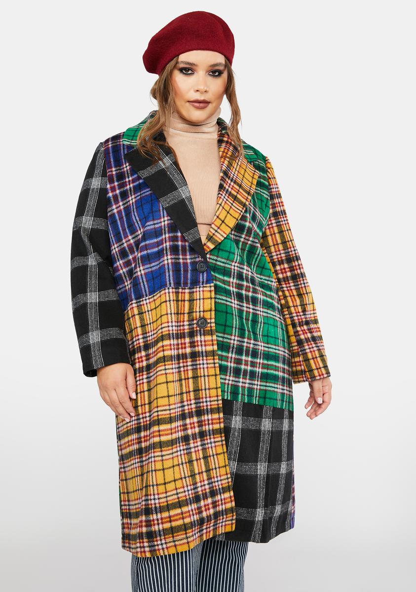 Current Mood Plus Size Block Plaid Long Trench Multicolored Dolls Kill
