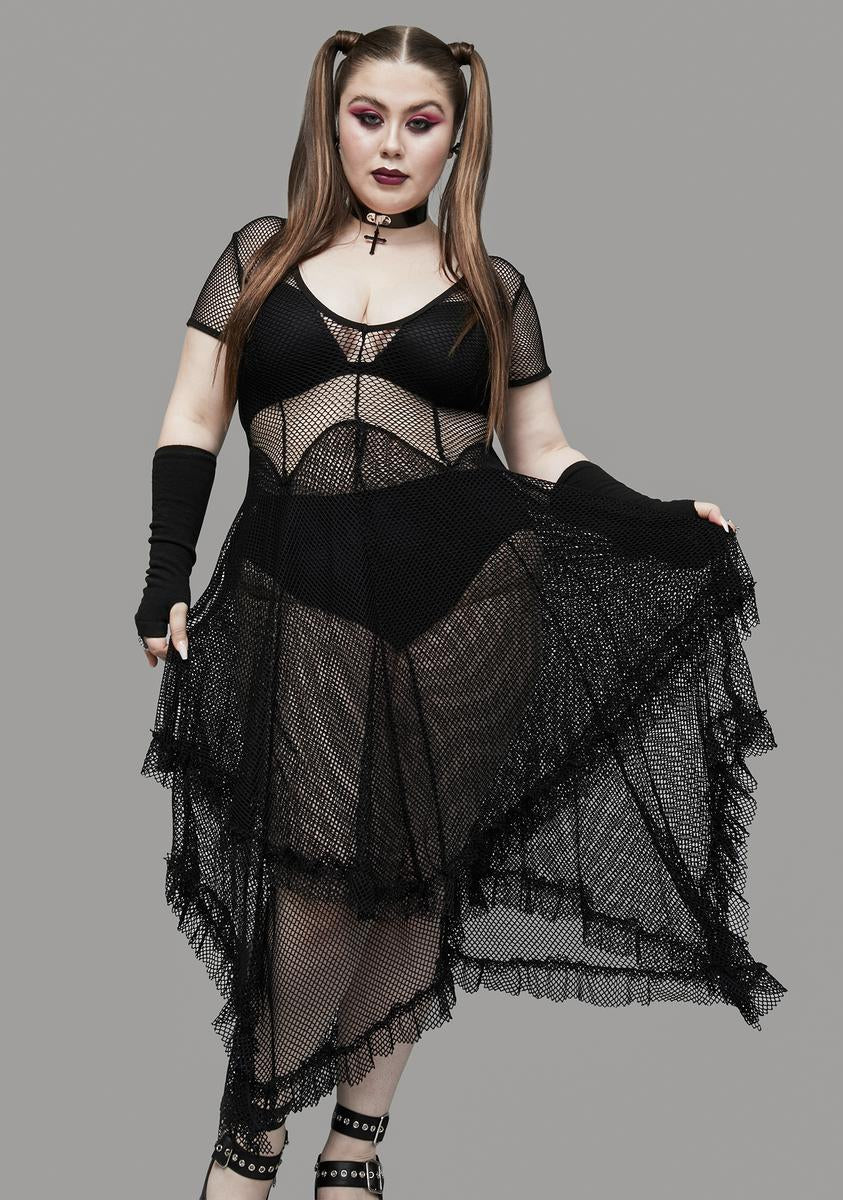 Plus Size Widow Layered Sheer Fishnet Midi Dress - Black  Dolls Kill