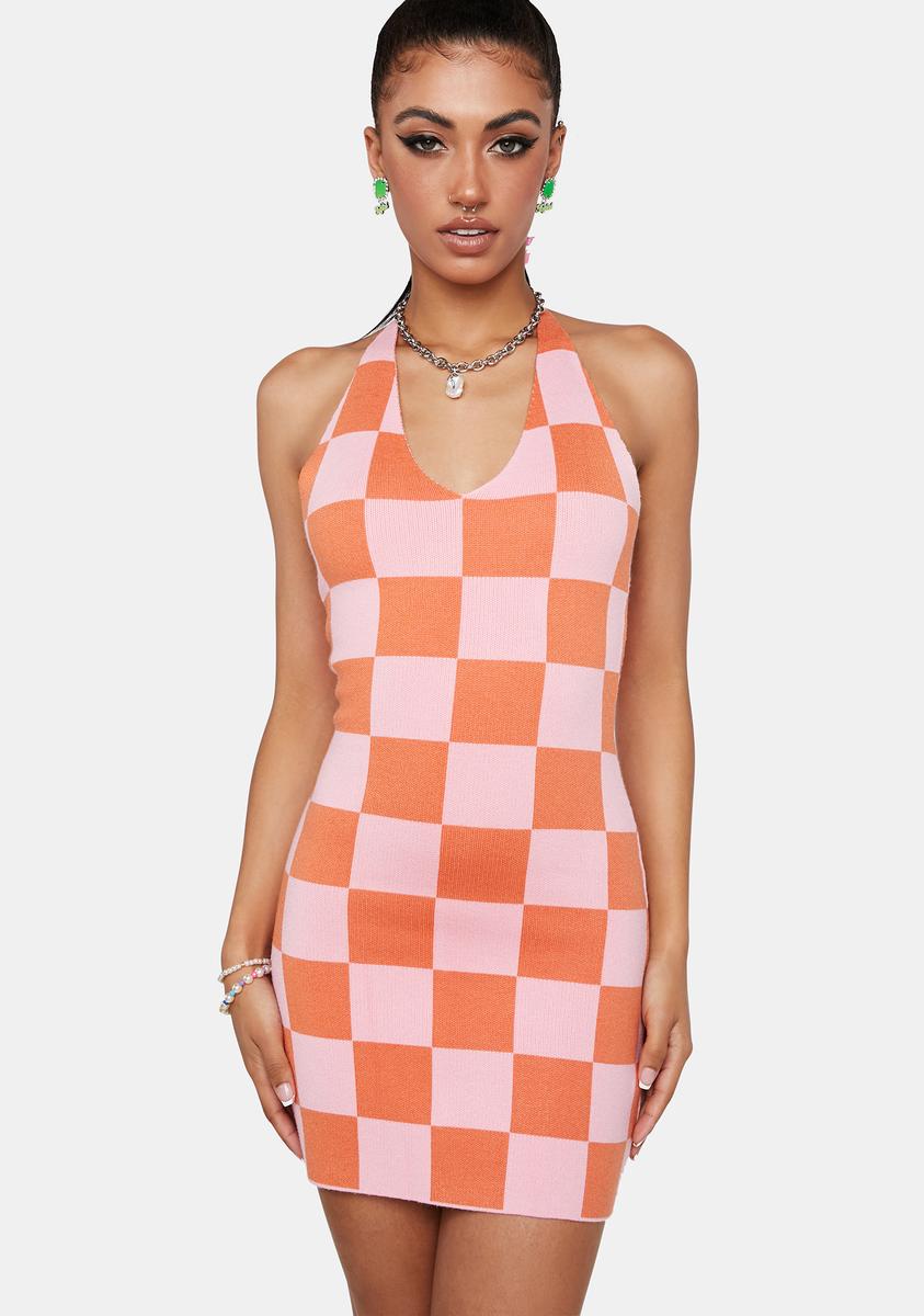 Peppermayo Halter Checker Print Knit Bodycon Mini Dress