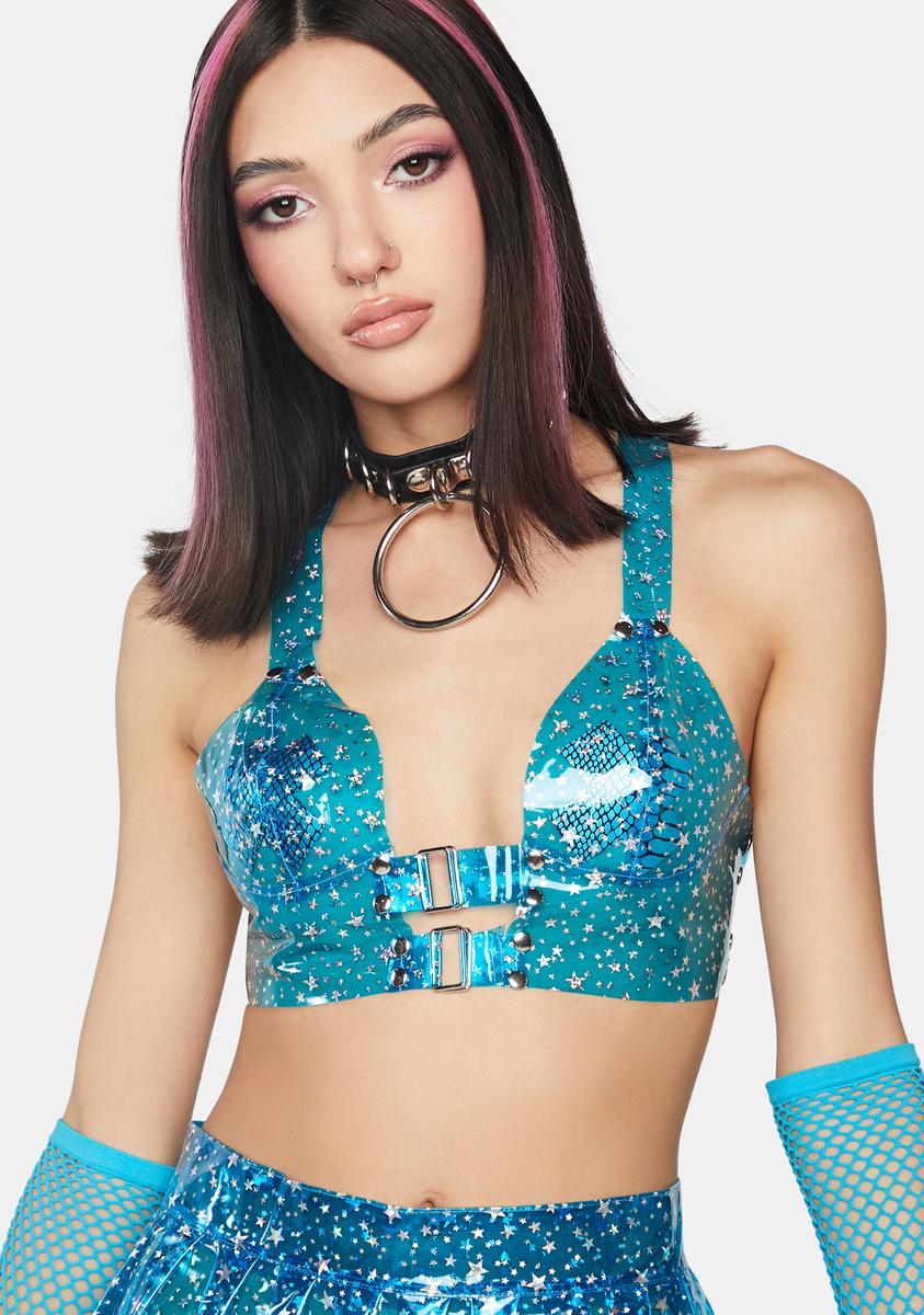 Star Glitter Buckle Vinyl Bustier Crop Top Blue Dolls Kill