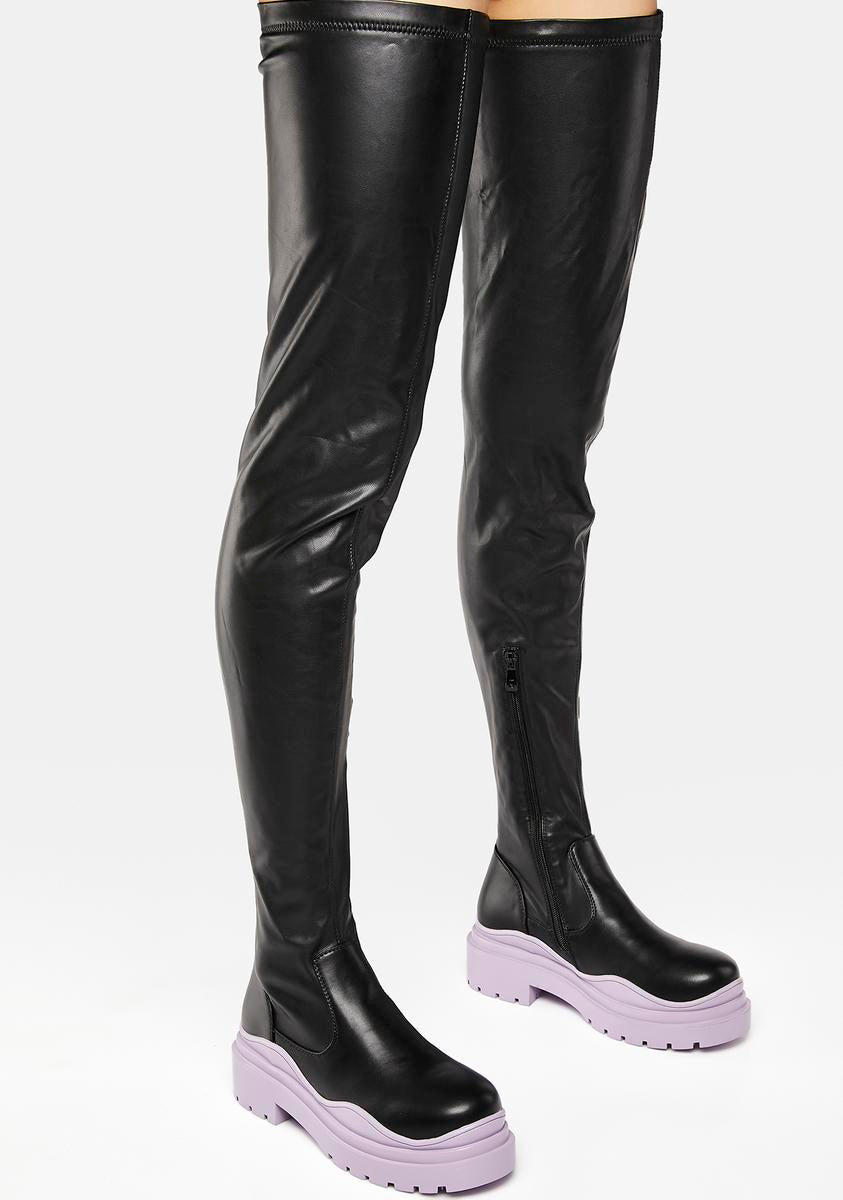 AZALEA WANG Vegan Leather Thigh-High Boots Black/Periwinkle