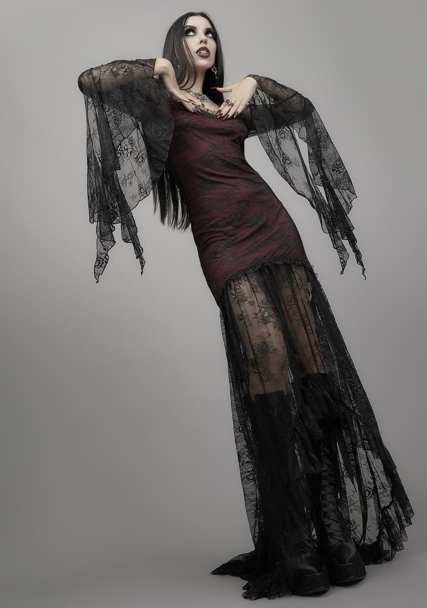 knee length dresses for ladies Widow Bell Sleeve Sheer Lace Maxi Dress With Slip Liner