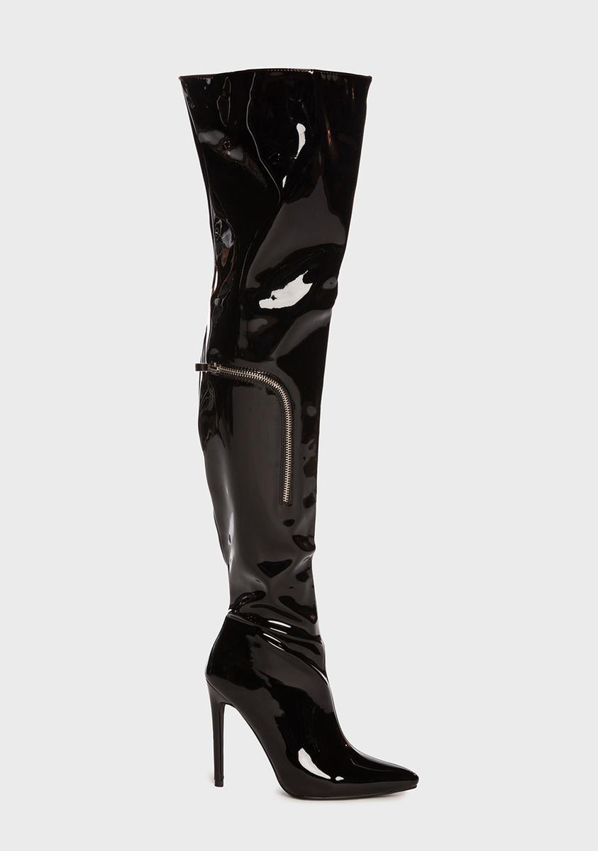 AZALEA WANG Patent Zip Thigh High Boots - Black – Dolls Kill