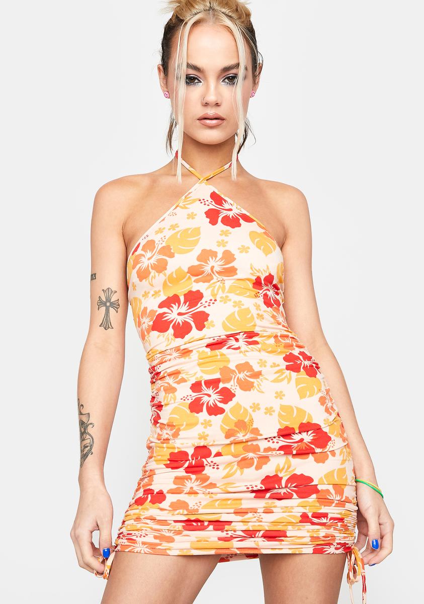 Halter Neck Ruched Drawstring Bodycon Hibiscus Floral Mini Dress - Orange Halter Neck Ruched Drawstring Bodycon Hibiscus Floral Mini Dress - Orange
