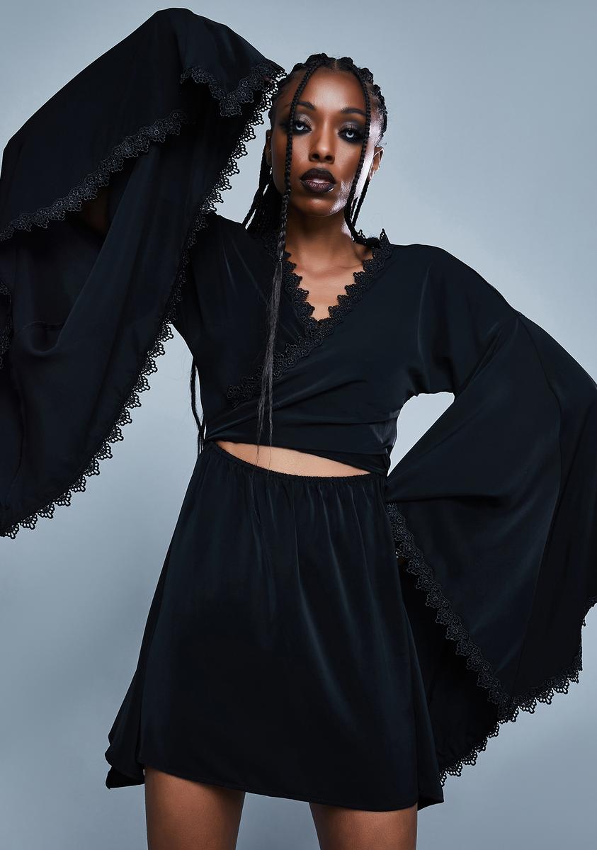 Widow Cutout Kimono Sleeve Fit & Flare Mini Dress - Black Widow Cutout Kimono Sleeve Fit & Flare Mini Dress - Black