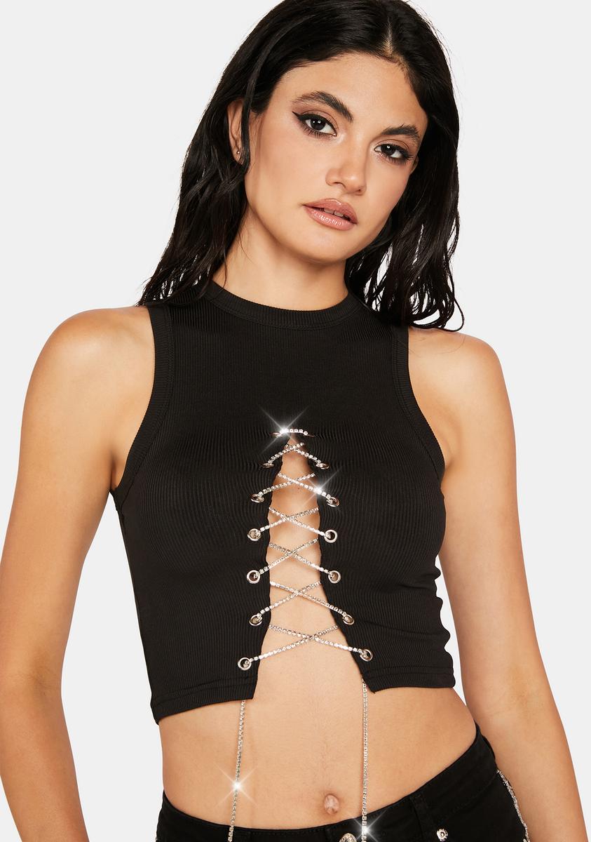 High Neck Rhinestone Lace-Up Ties Ribbed Crop Tank Top - Black