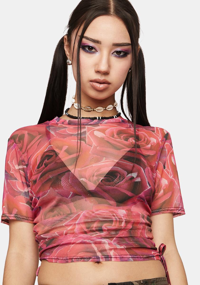 NGOrder Rose Print Mesh Crop Top Red – Dolls Kill - Main Image