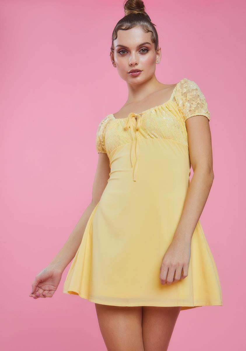 Sugar Thrillz Chiffon Lace Babydoll Dress - Lemon