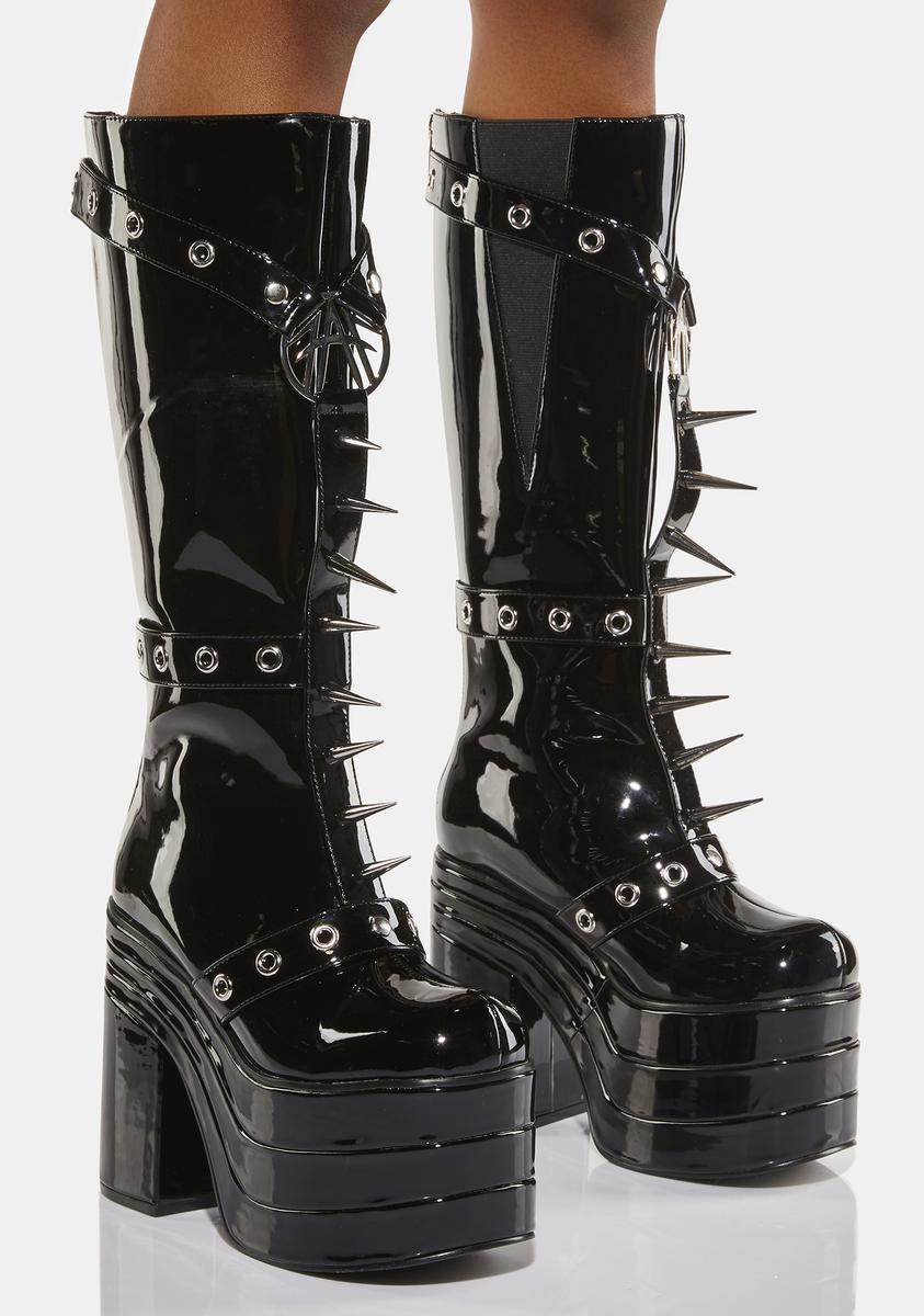 Fan All Flames Patent Underworld Knee High Boots Black Dolls Kill