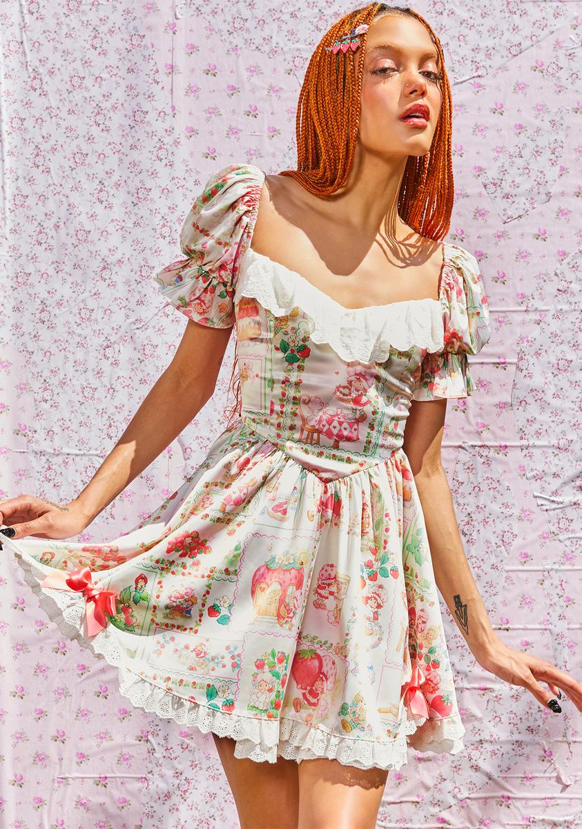 Dolls Kill X Strawberry Shortcake Puffy Sleeve Print Mini Dress - White Dolls Kill X Strawberry Shortcake Puffy Sleeve Print Mini Dress - White