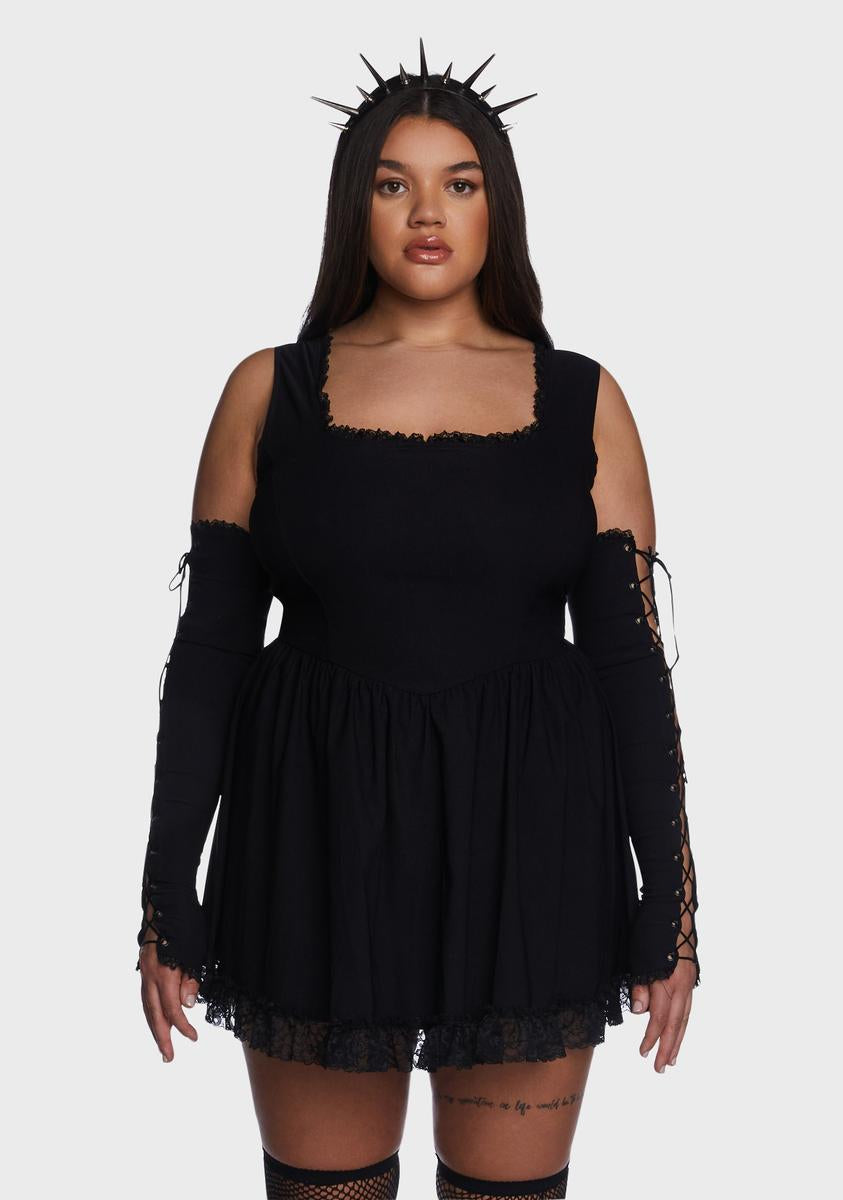 Plus Size The Grave Girls Lace Trim Dress With Lace Up Gloves - Black Dolls Kill Plus Size The Grave Girls Lace Trim Dress With Lace Up Gloves - Black Dolls Kill