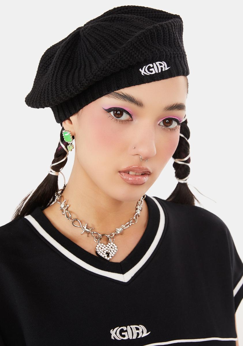 x-Girl Rib Knit Logo Beret - Black – Dolls Kill