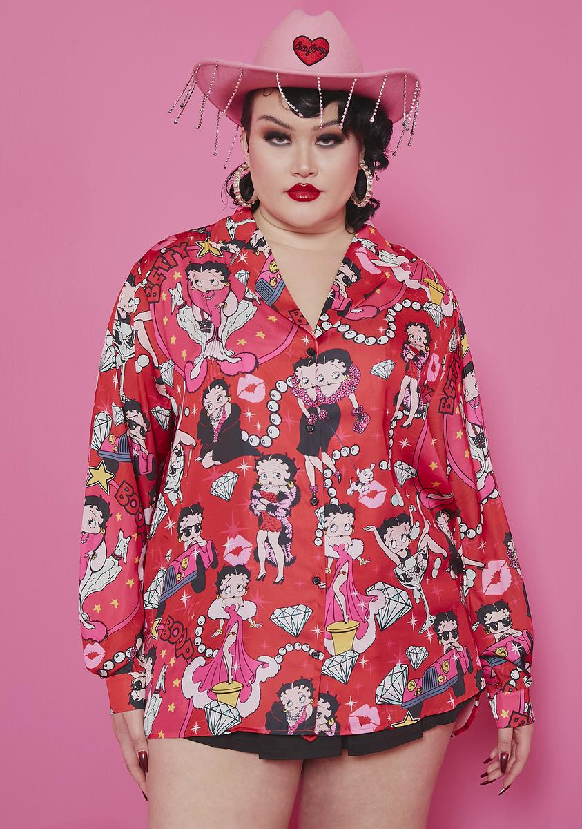 Betty Boop Plus Size Satin Collared Graphic Button Up Shirt Dress Red