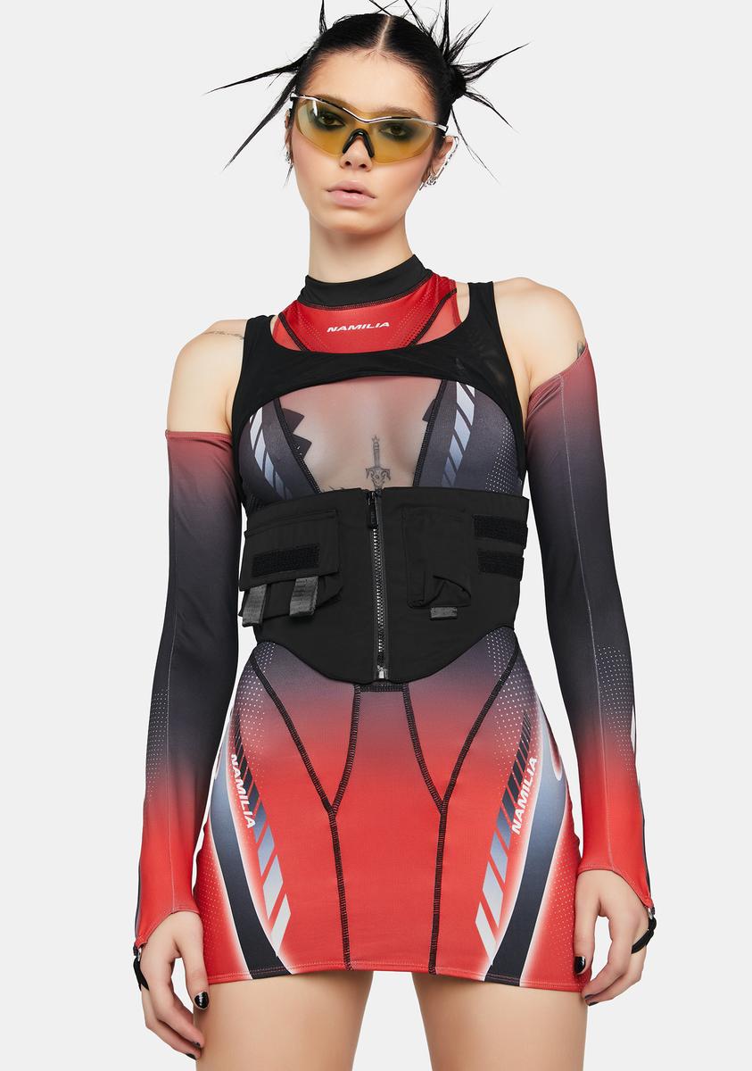 Namilia Racing Print Mesh Corset Dress With Detachable Sleeves - Red Dolls Kill Namilia Racing Print Mesh Corset Dress With Detachable Sleeves - Red Dolls Kill