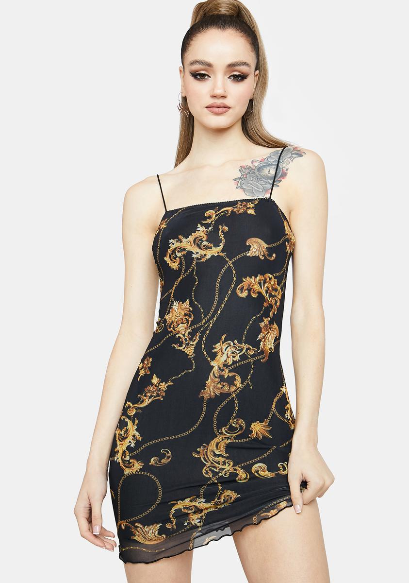 Baroque Chain Print Mesh Mini Dress - Black/Gold Dolls Kill Baroque Chain Print Mesh Mini Dress - Black/Gold Dolls Kill