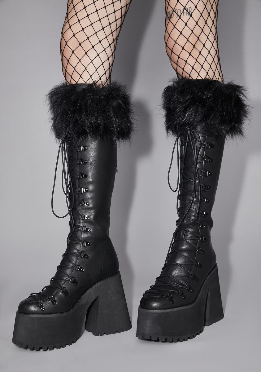 Widow Fur Trim Hiker Lace Up Knee High Boots - Black