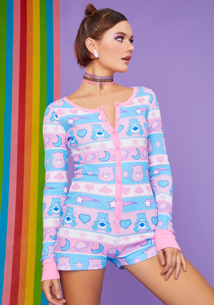 Care Bears Fairisle Striped Button Front Thermal Romper - Pastel