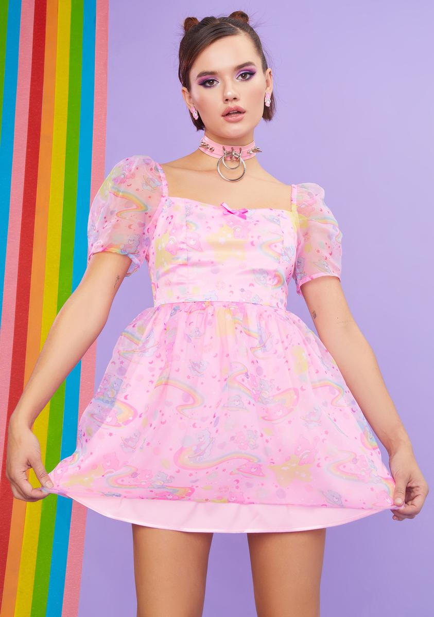 dolls kill pink dress Care Bears Celestial Organza Puff Sleeve Babydoll Dress