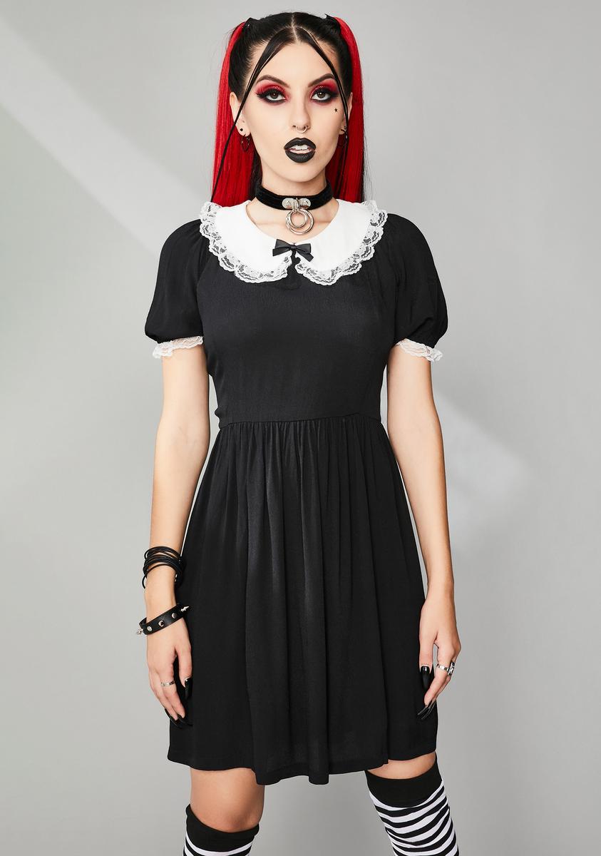 Widow Babydoll Lace Trim Gothic Lolita Dress - Black