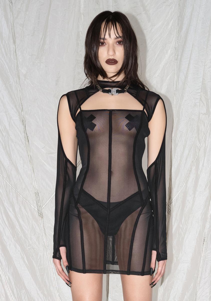 Darker Wavs Cutout Mini Dress With Piping Details - Black Mesh