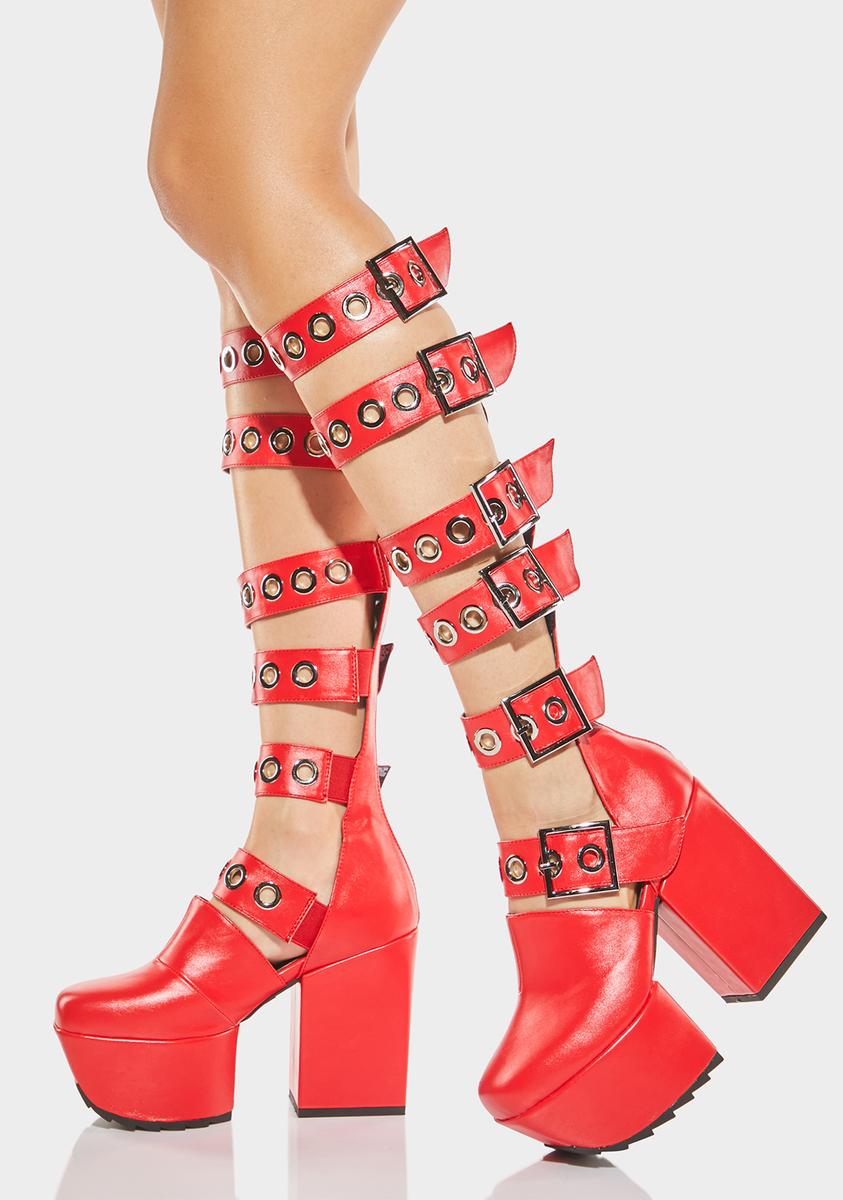 Lamoda Strappy Buckled Platform Heels Red – Dolls Kill