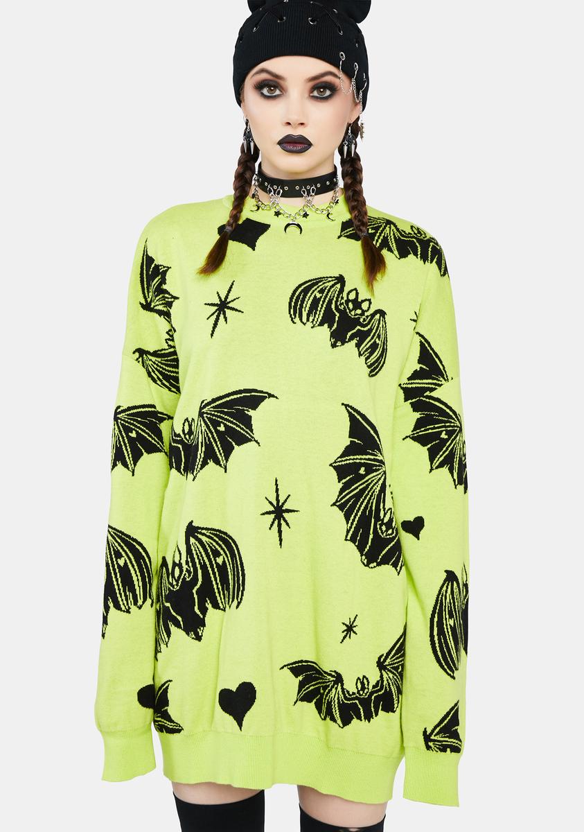 The Grave Girls Oversized Knit Bat Print Sweater Green Dolls Kill