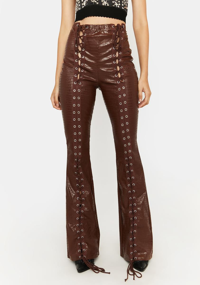 Flare Pants Brown Croc Leather Pants ASYOU Croc Effect Kick Flare