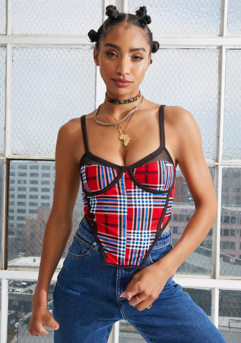 Plaid Bustier Crop Top - Red