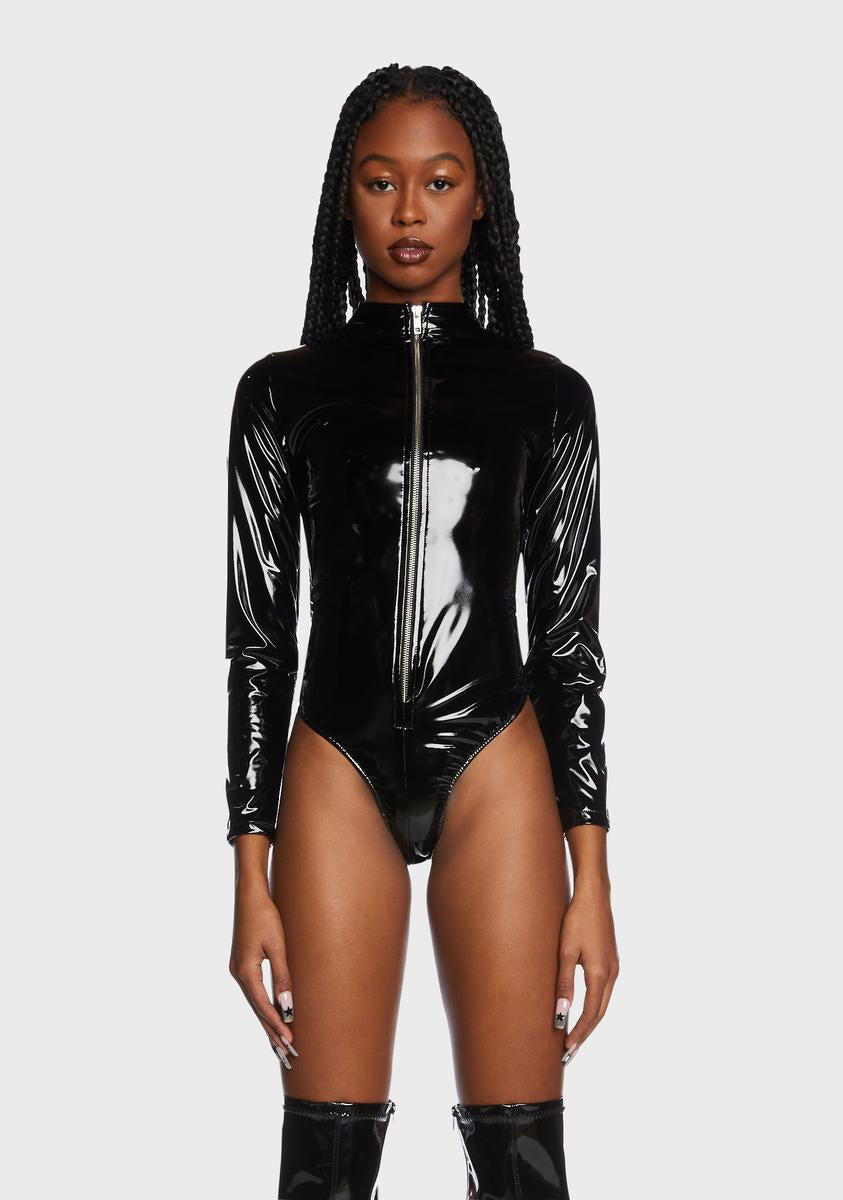 Forbidden Clothing Vinyl Zip Up Long Sleeve Bodysuit - Black