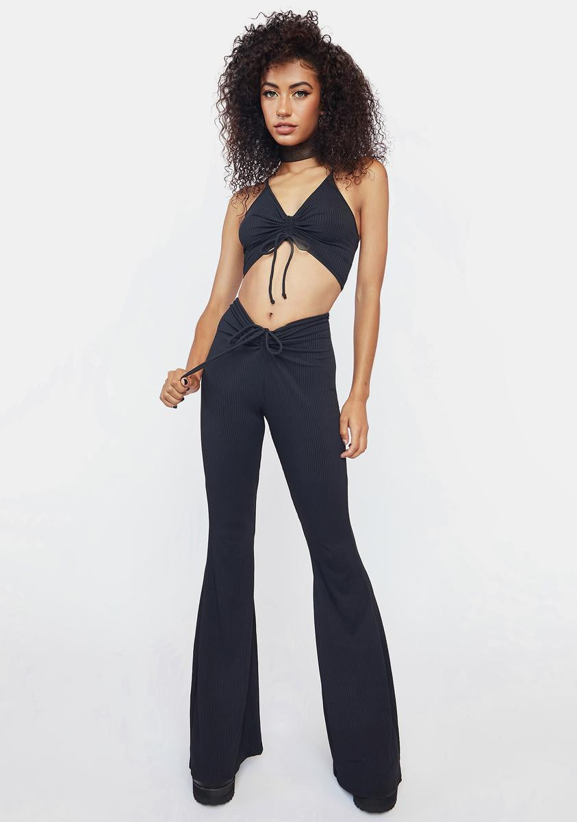 Ruched Front Tank And Tie Waist Flare Pants Set - Black