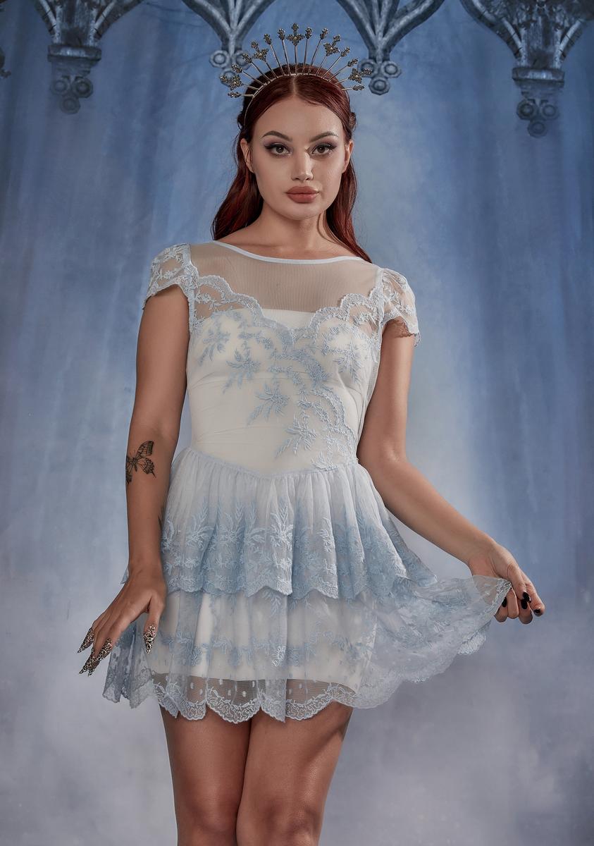 Widow Tea Stain Lace Tiered Mini Dress - Pale Blue Widow Tea Stain Lace Tiered Mini Dress - Pale Blue