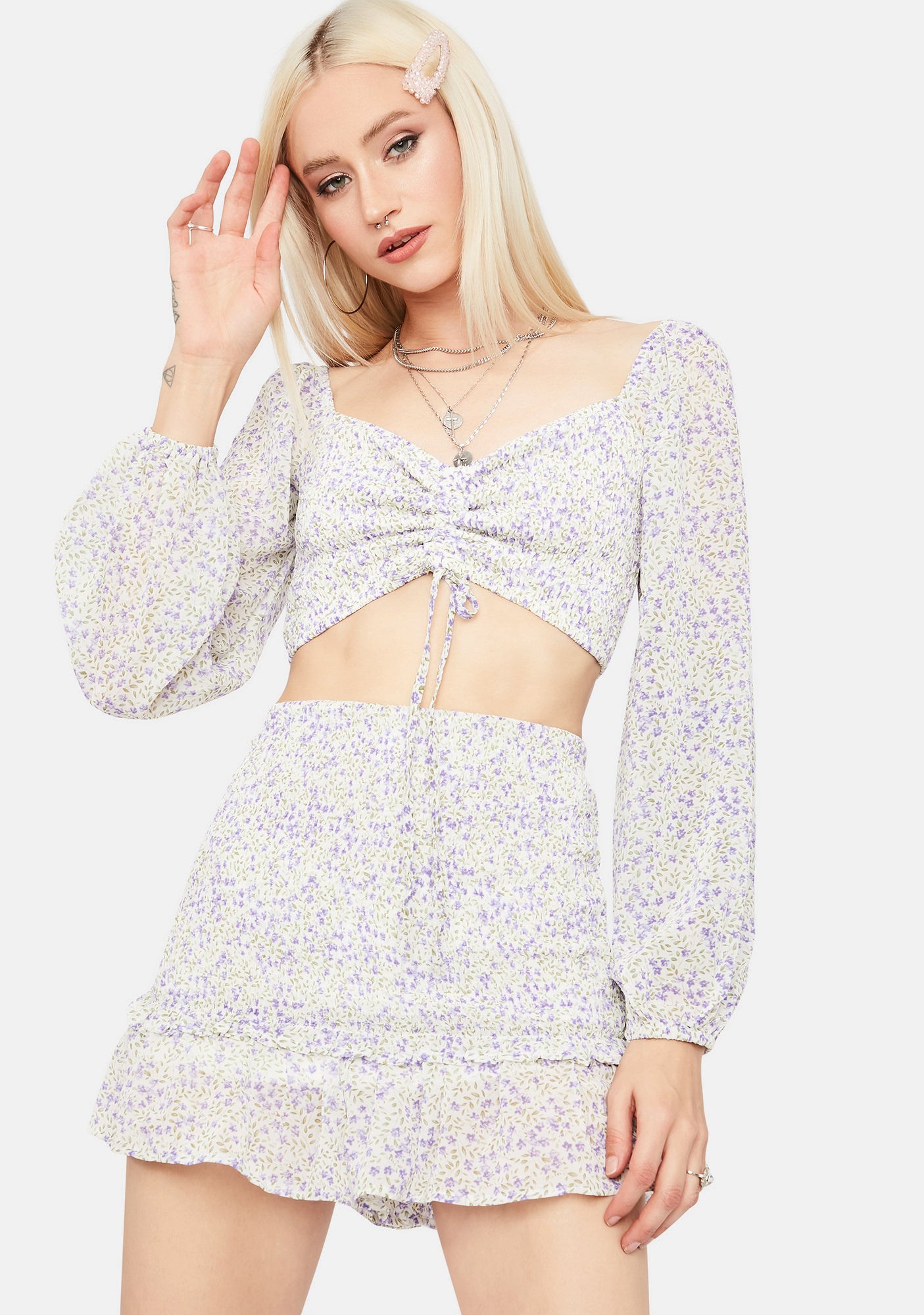 Floral Long Puff Sleeve Crop Top And High Waist Ruffle Mini Skirt
