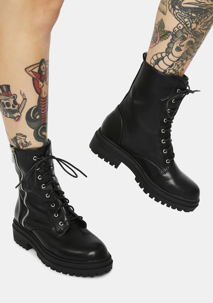 Side Zip Lace Up Front Treaded Combat Boots - Black – Dolls Kill