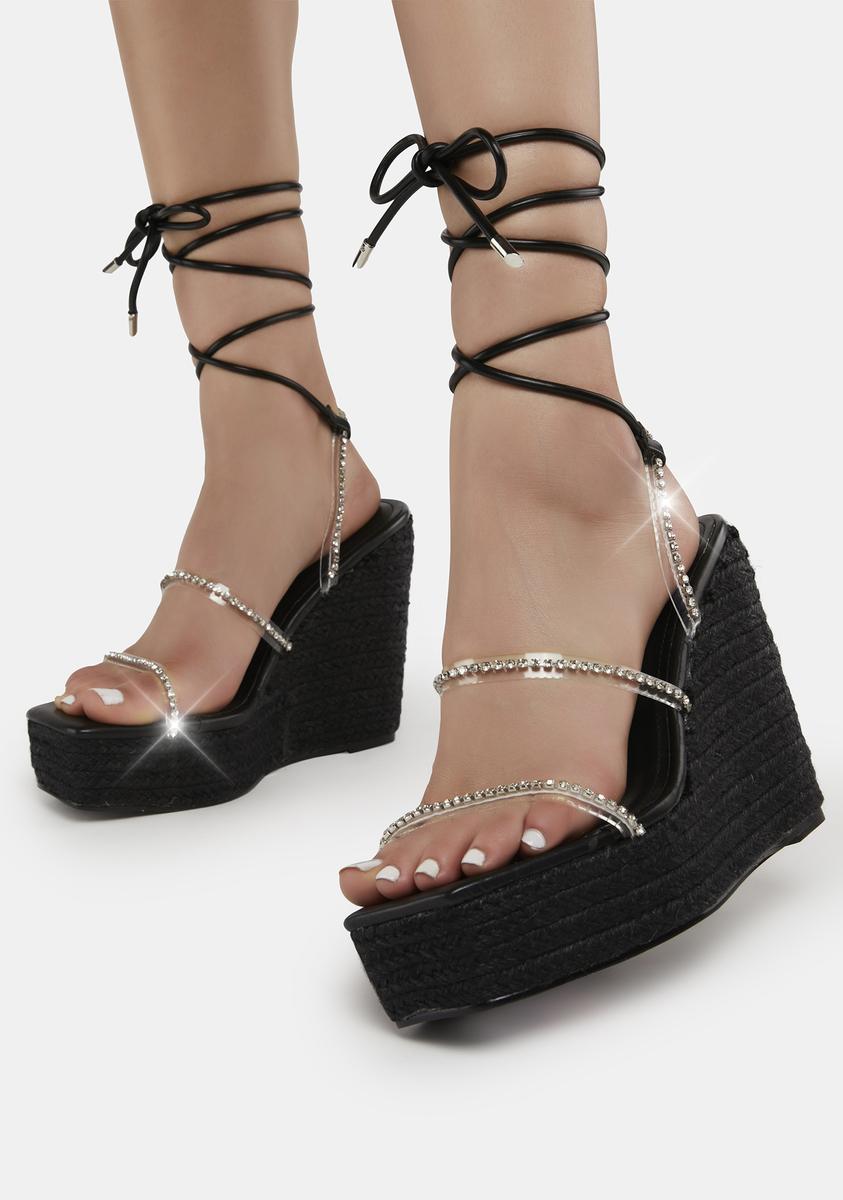 Black Lace Lace Up Rhinestone Platform Sandals Lace Up Rhinestone