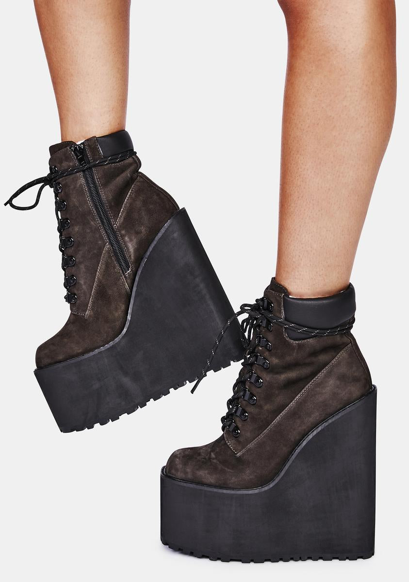 靴 dollskill darker wavs boots Womens Twill Velcro Platform Boots Darker Waves - Gray
