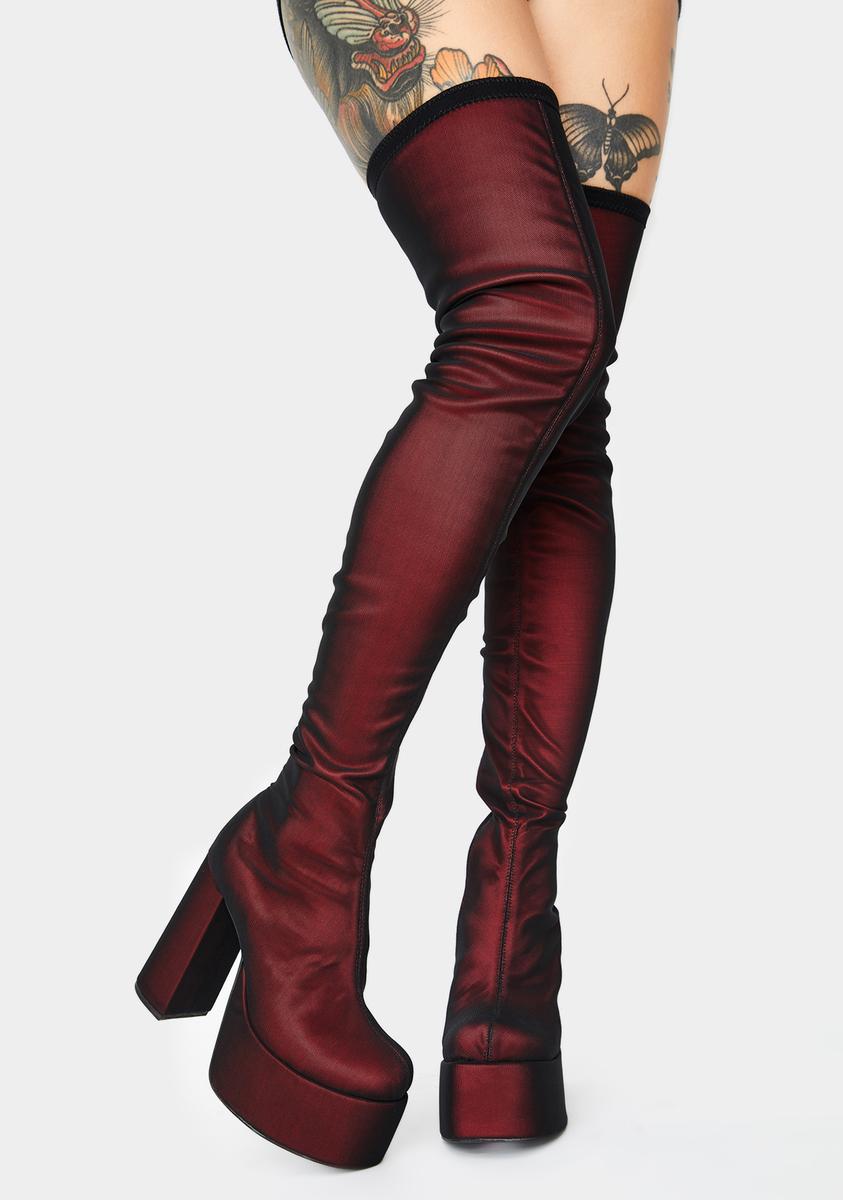 Current Mood Red Mesh Overlay Platform Thigh High Boots