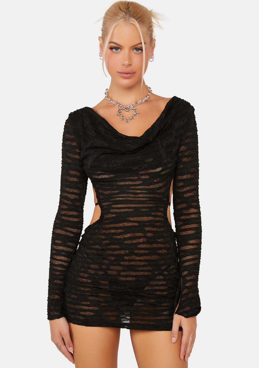 Distressed Cowl Open Back Bodycon Mini Dress - Black Dolls Kill Distressed Cowl Open Back Bodycon Mini Dress - Black Dolls Kill