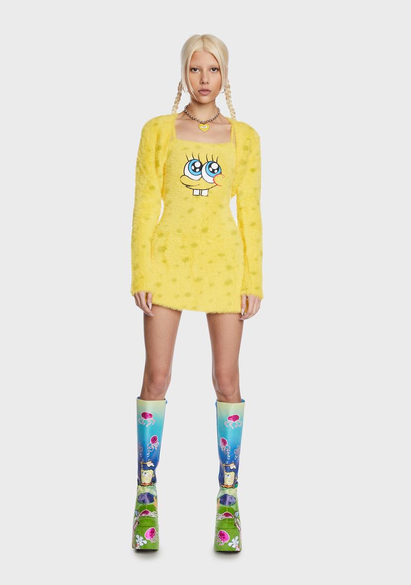 Dolls Kill x SpongeBob Fuzzy Knit Embroidered Mini Dress And Shrug Set Dolls Kill x SpongeBob Fuzzy Knit Embroidered Mini Dress And Shrug Set