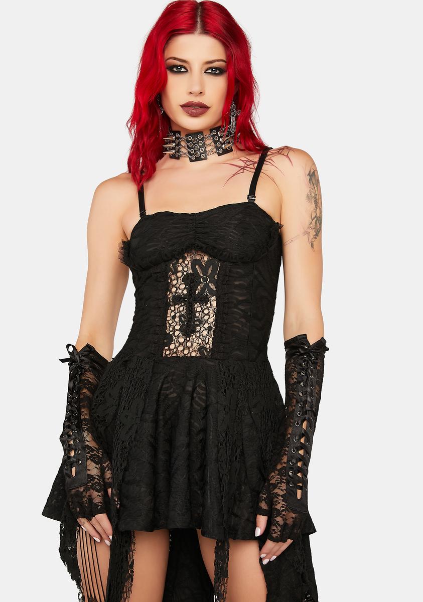 dolls kill black mini dress Widow Chiffon Mini Dress With Bell Sleeves And Cross Charm