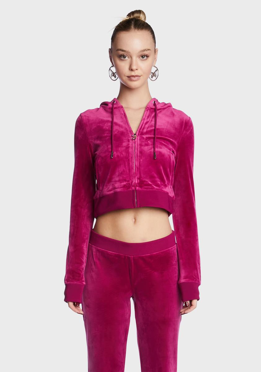 Juicy Couture Rhinestone Crop Zip Up Hoodie - Dark Pink Velour – Dolls Kill