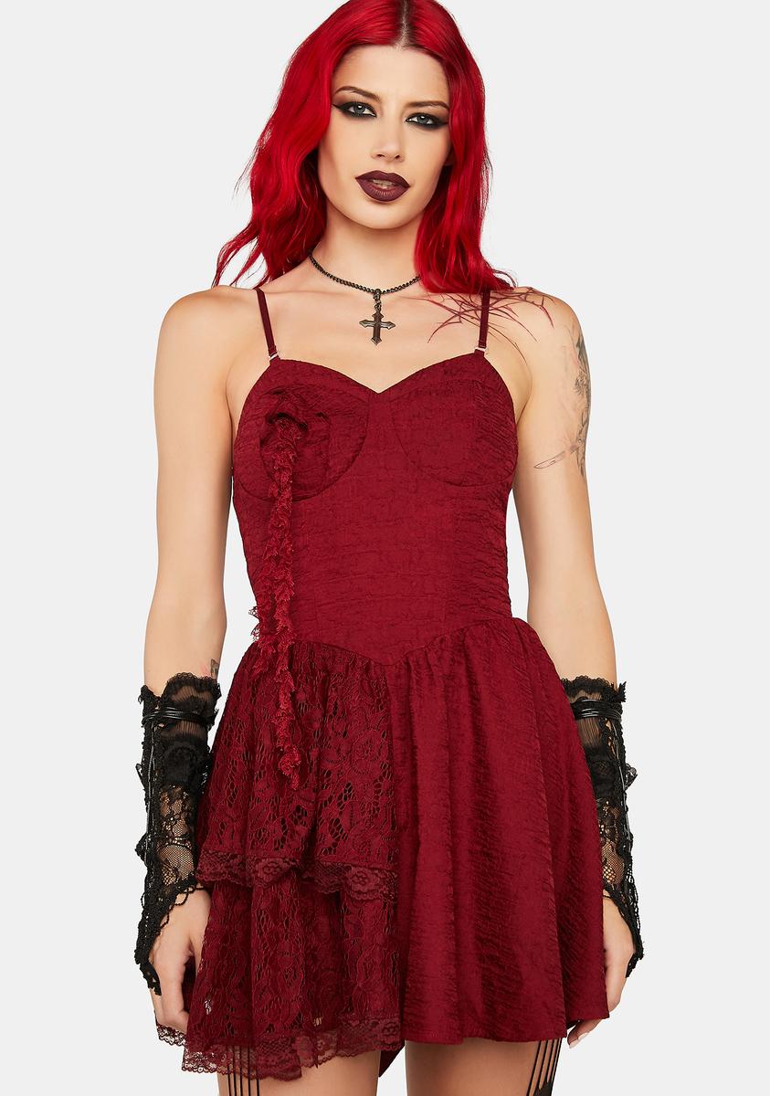 Dark In Love Sweetheart Neck Lace Mini Dress - Red