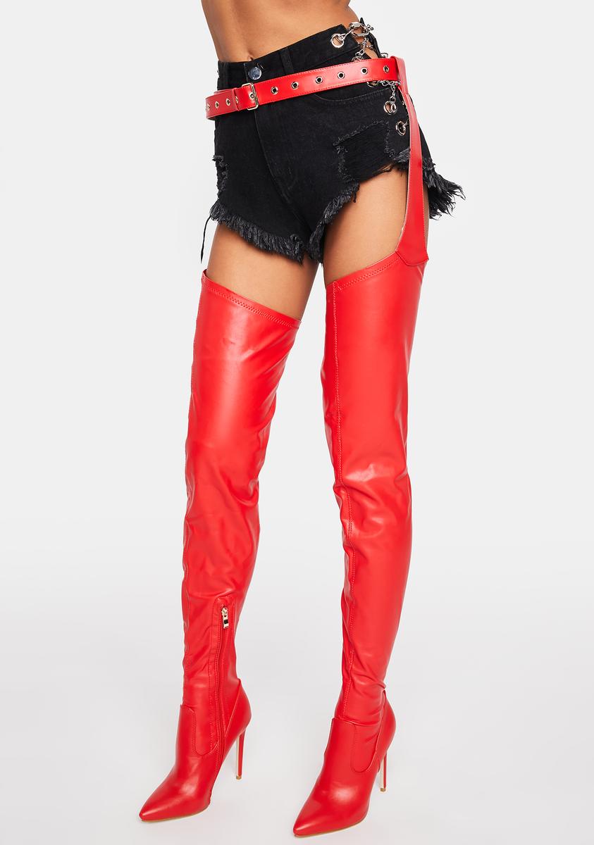Azalea Wang Red Vegan Leather Chap Belted Thigh High Boots – Dolls