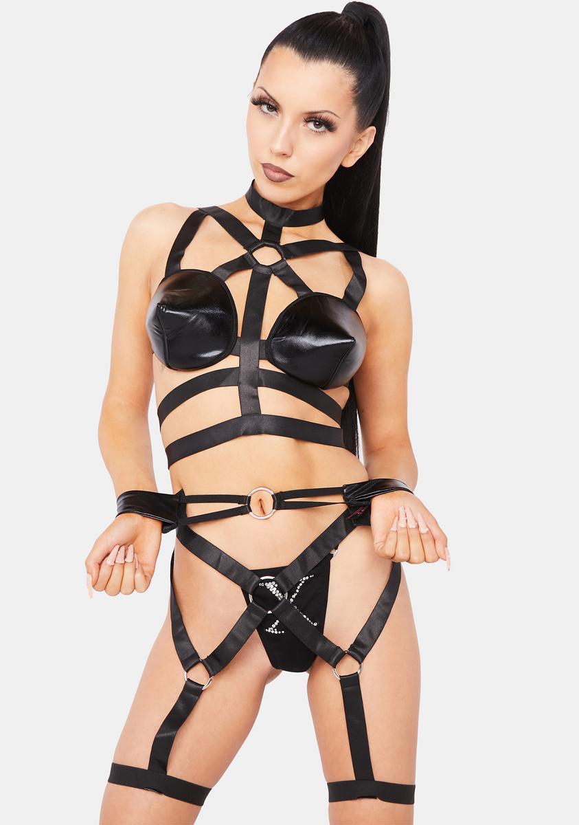 Strappy Bondage Bralette Garter Lingerie Set - Black  Dolls Kill