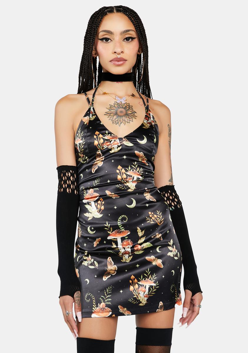 HOROSCOPEZ Libra Satin Mushroom Print Mini Dress Black Gold Dolls Kill