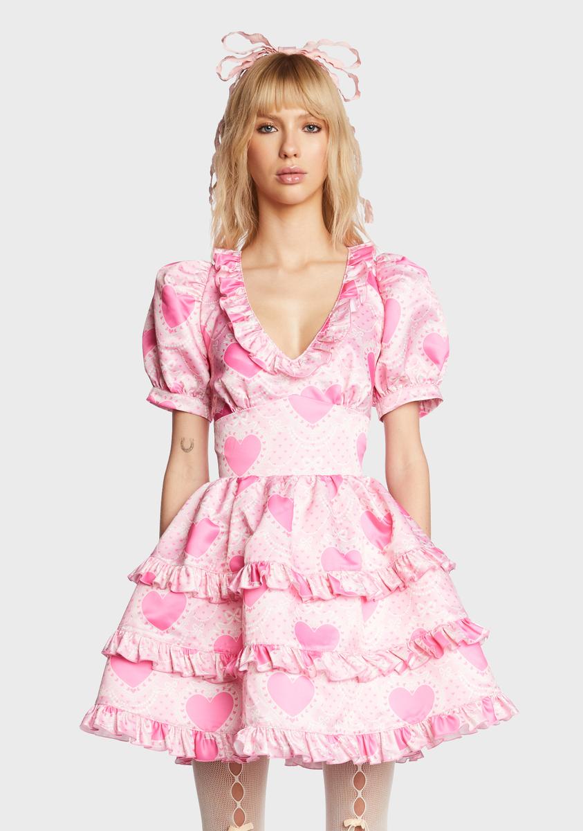 Sugar Thrillz Heart Bow Print Ruffle Babydoll Dress