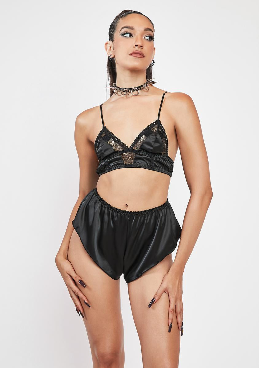 Satin Lace Trim Triangle Bralette And High Waist Booty Shorts – Dolls Kill