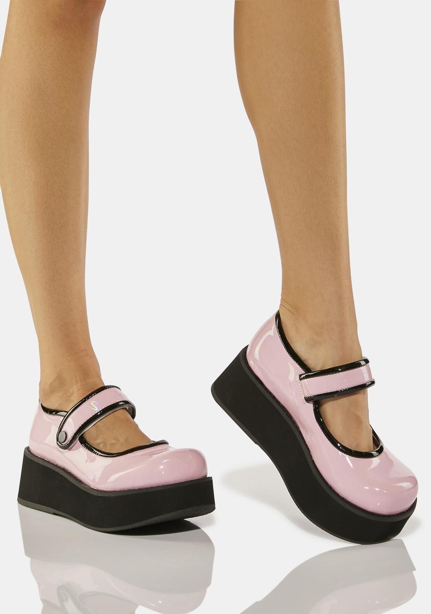 Demonia Contrast Piping Platform Mary Janes Pink Holo Patent