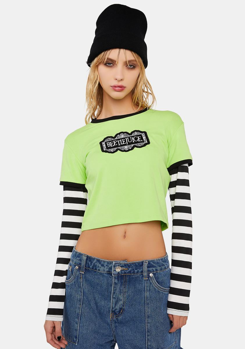 Dolls Kill X Beetlejuice Boxy Graphic Crop Top With Striped Long
